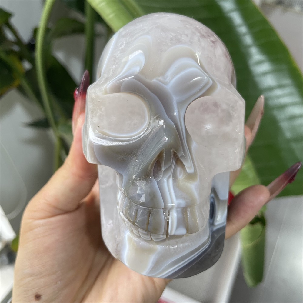 2.3LB 4.3″Amethyst Ash Agate Skull Crystal Quartz Carving Reiki Decoration