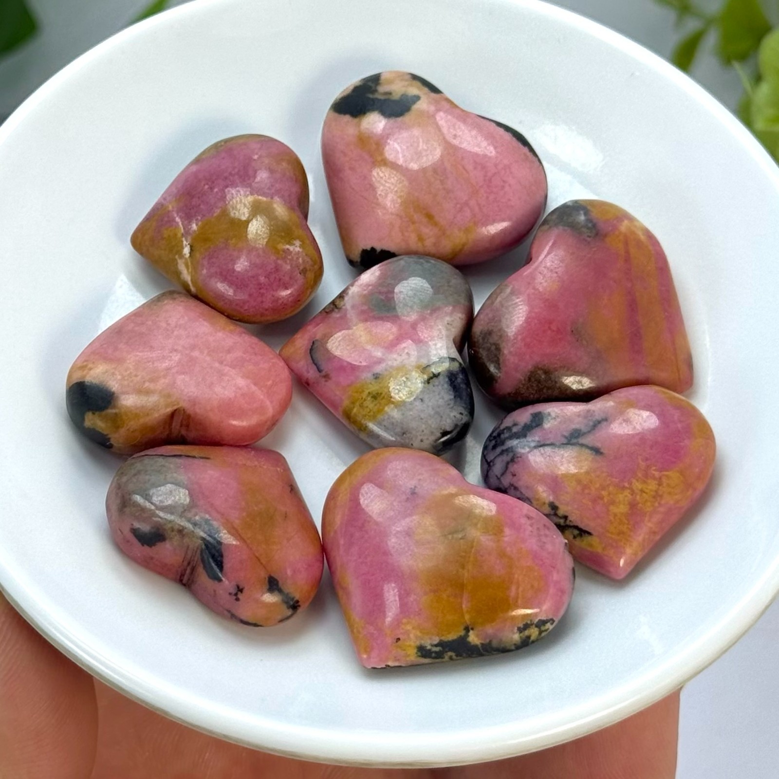 Pink Polished Rhodonite Crystal Heart Stones, Rhodonite Polished Pink Heart Ston
