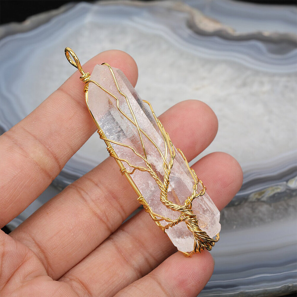 1pc Tree of Life Clear Quartz Point Necklace Pendant Wire Wrapped Copper Crystal