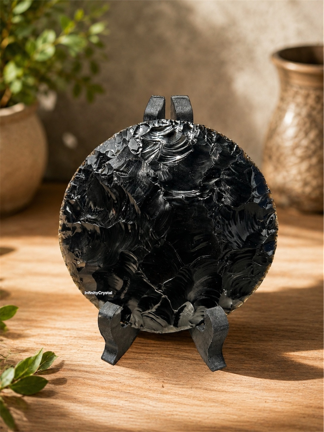 Black Obsidian Disc Round Sculpture Home Office Display Ornament, Display Stand