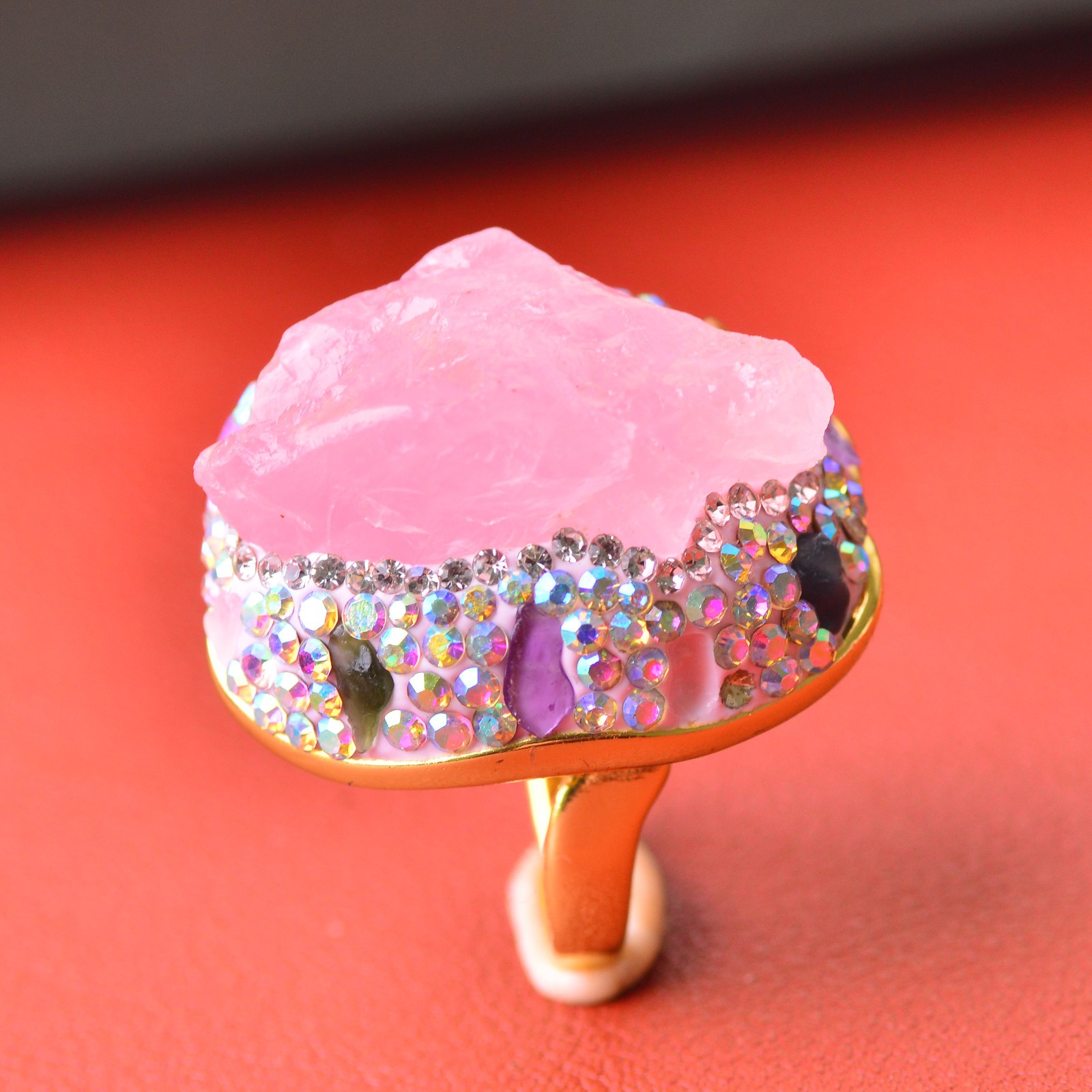 pink quartz ring, alloy inlaid with handmade gemstone jewelry Love Stone