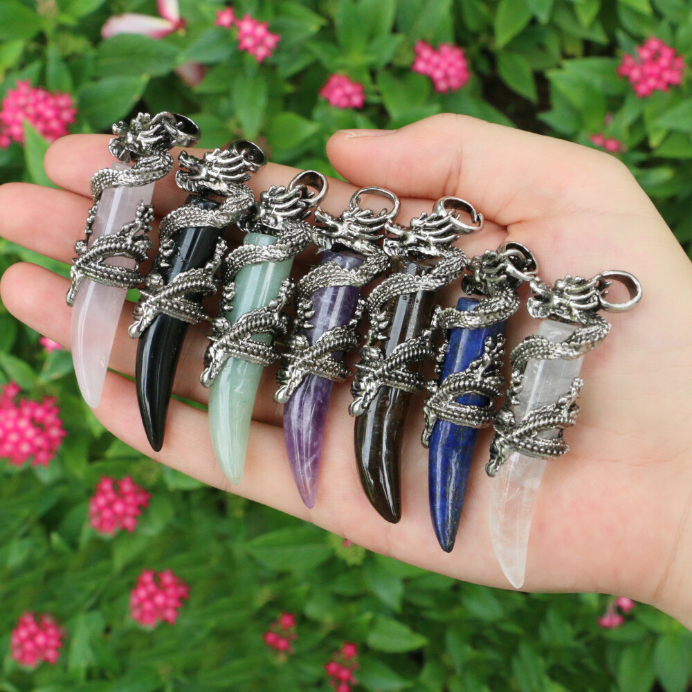 Dragon Wolf Teeth Pendant Natural Crystal Chakra Gems Magic Reiki Healing Amulet