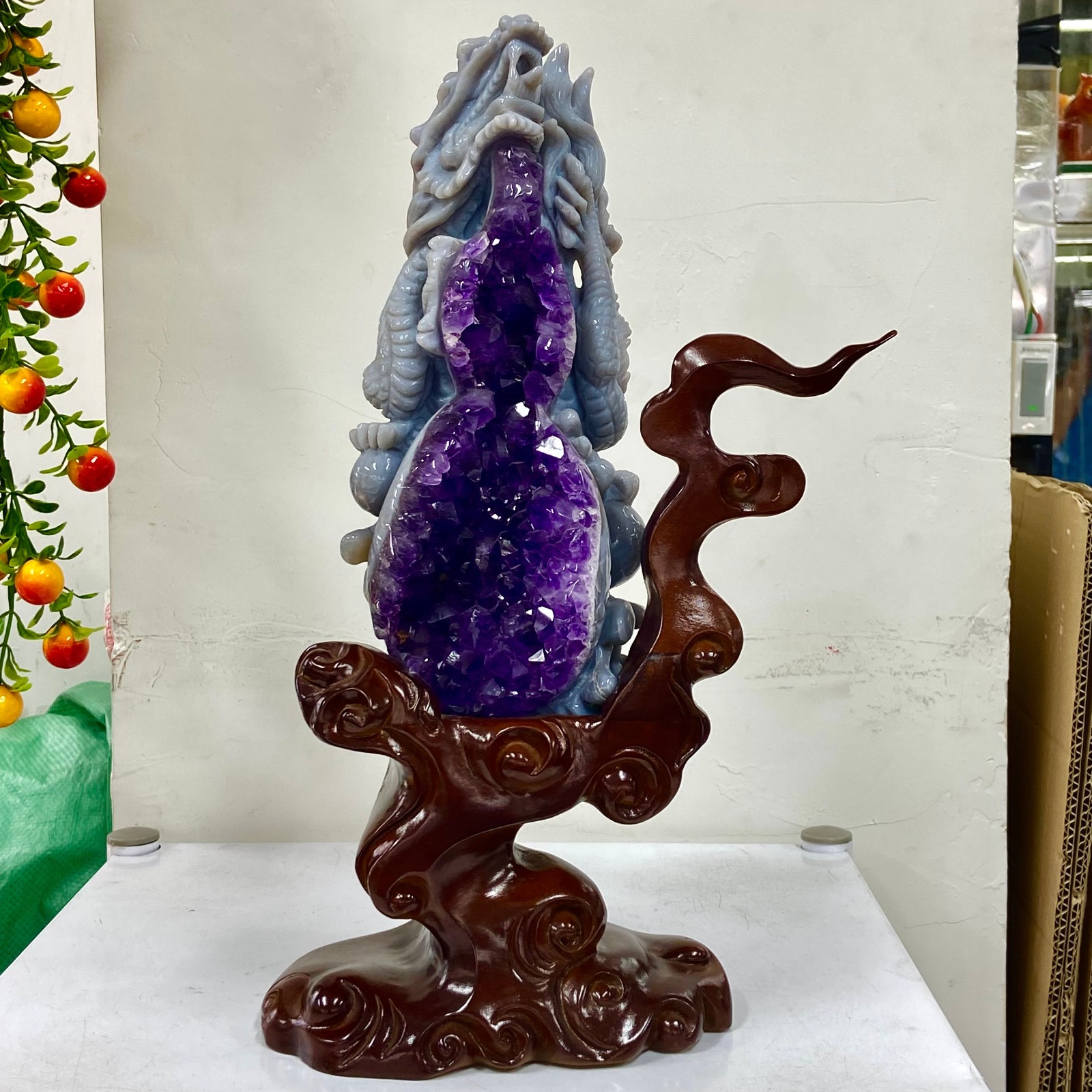 6.63LB Rare Natural Uruguay Amethyst Geode Quartz Crystal agate Carved Dragon