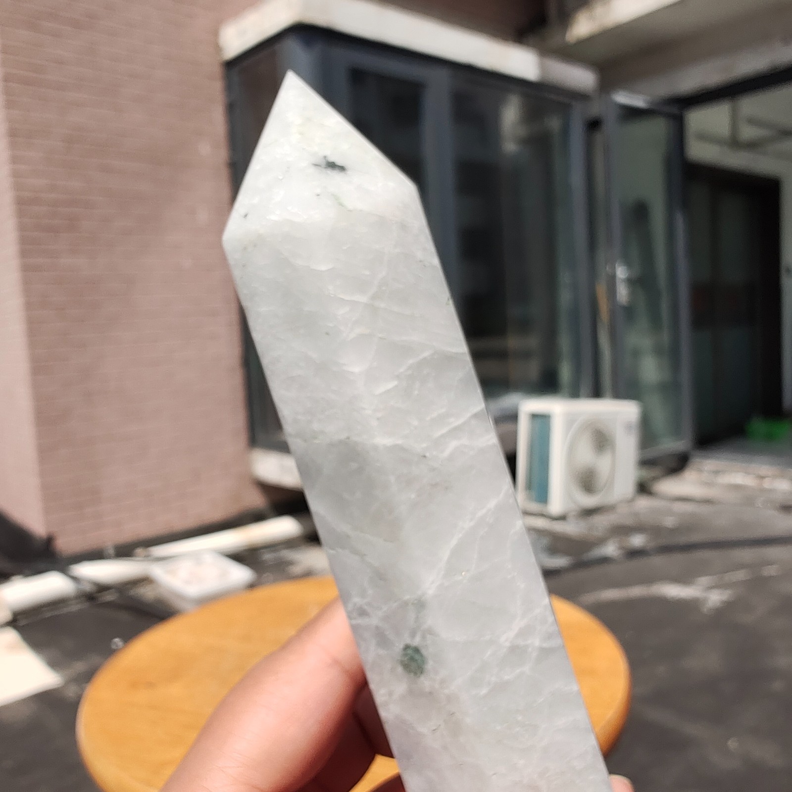 489g Large White Rainbow Moonstone Crystal Obelisk Tower Point Quartz Healing