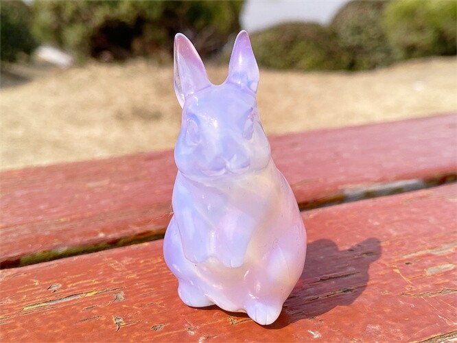 2″ Hand Carved Pink opalite Rabbit Reiki Quartz Crystal Skull Figurines decor 1x