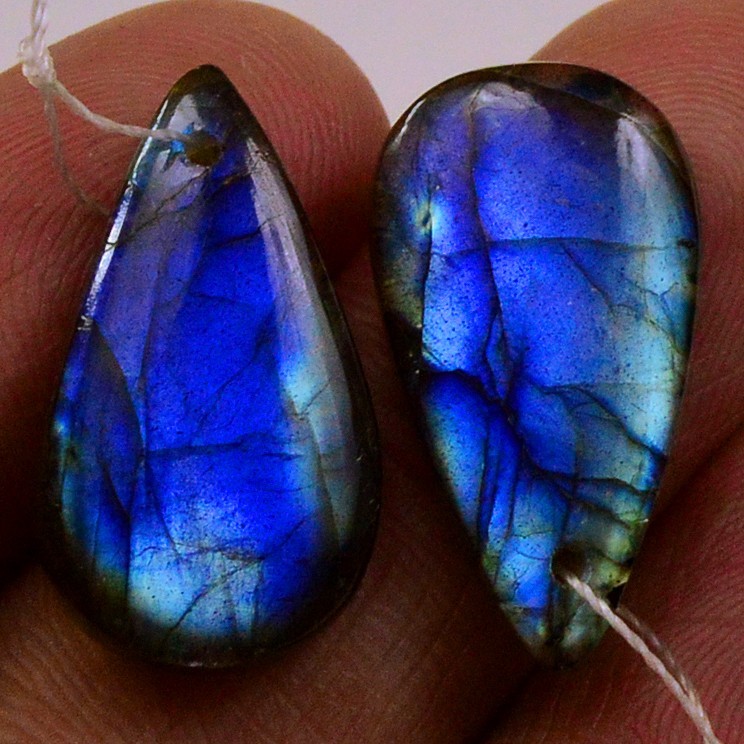 20Cts Natural Labradorite Gemstone Cabochon Front Drill Earrings 18x10mm #P3176