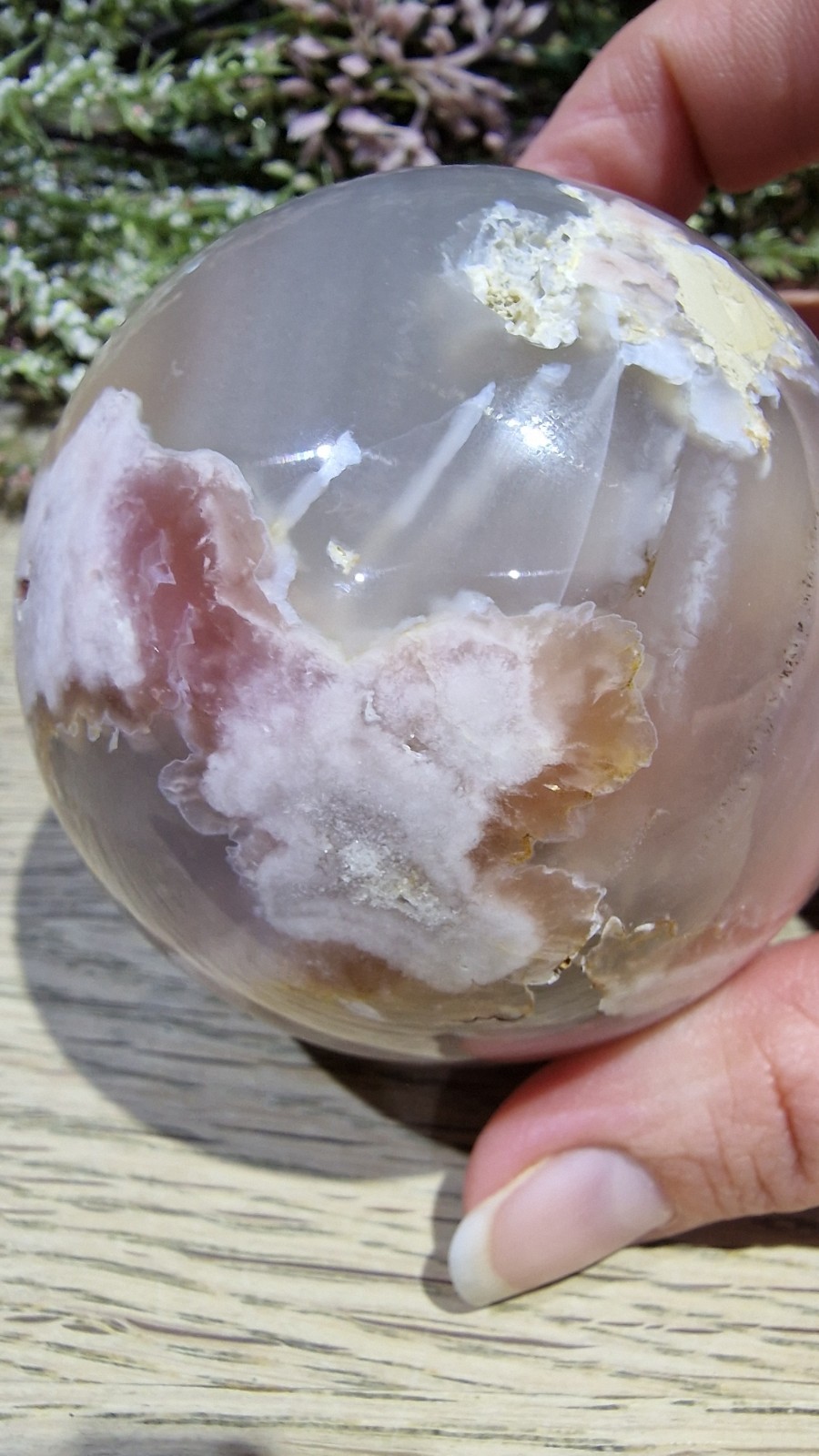 Flower Agate Crystal Sphere 537g 73mm UV Reactive Free Stand
