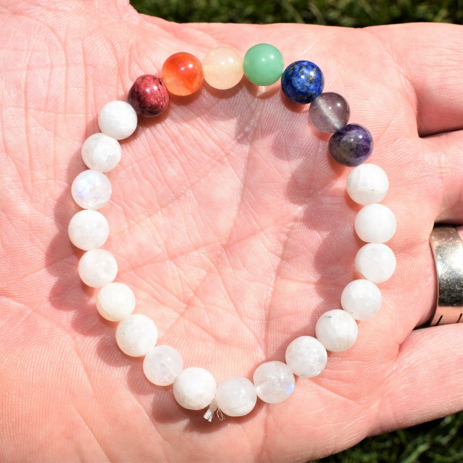 CHARGED Moonstone & 7 Chakra Crystals Stretchy Bracelet + Selenite Puffy Heart