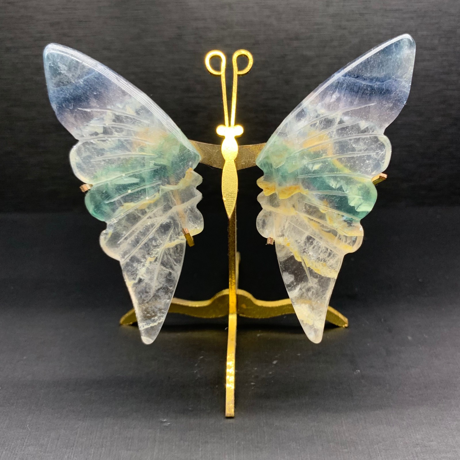 100G Natural Crystal Fluorite Butterfly Wings Healing Statue Decor + Stand