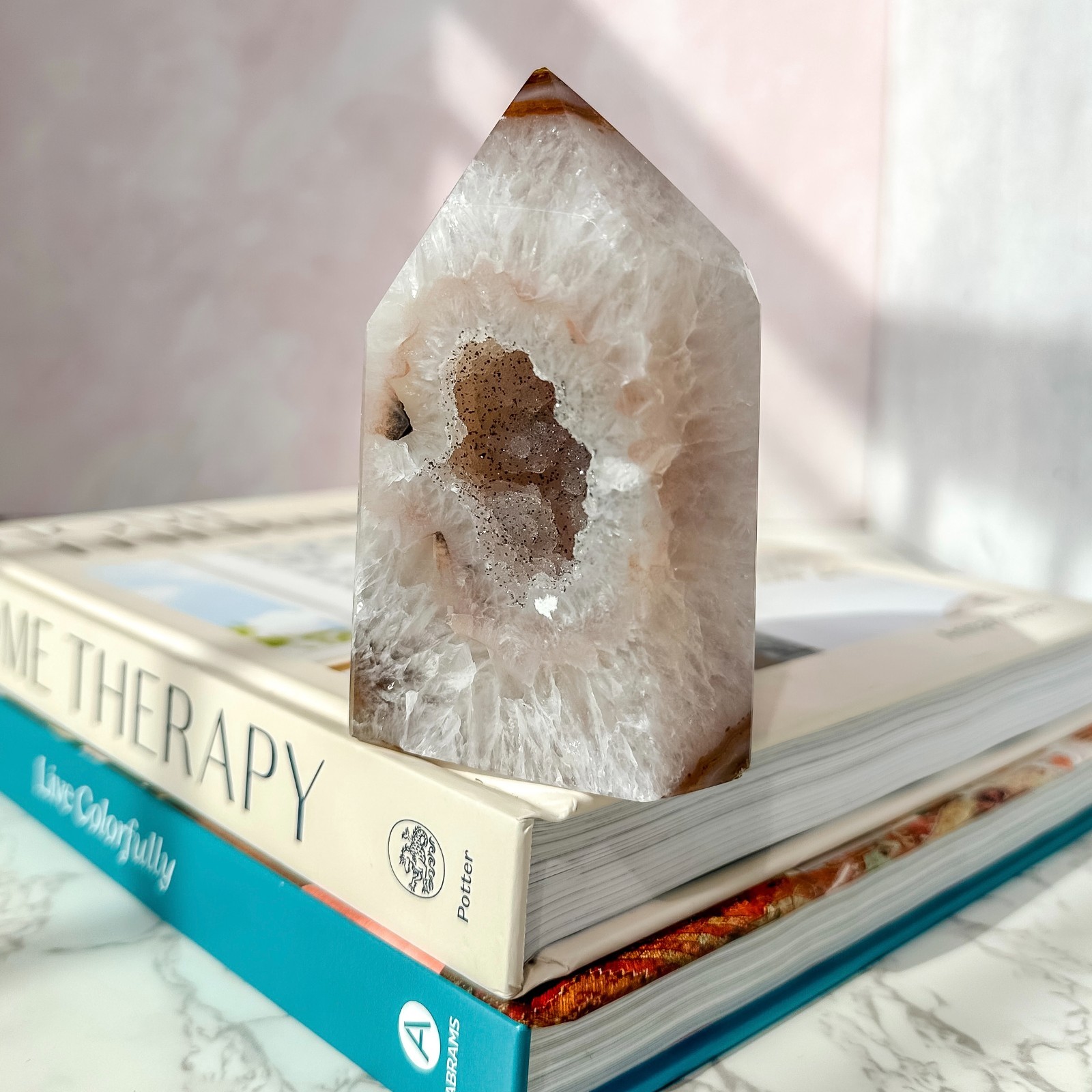 Agate Tower with Druzy Quartz Crystal ( 14.8 oz ) | Natural Gemstone Home Decor