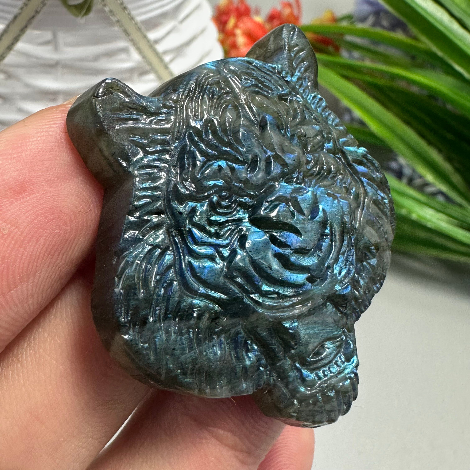 Natural Labradorite Carved Tiger Skull Quartz Skull Crystal Specimen Reiki Heal