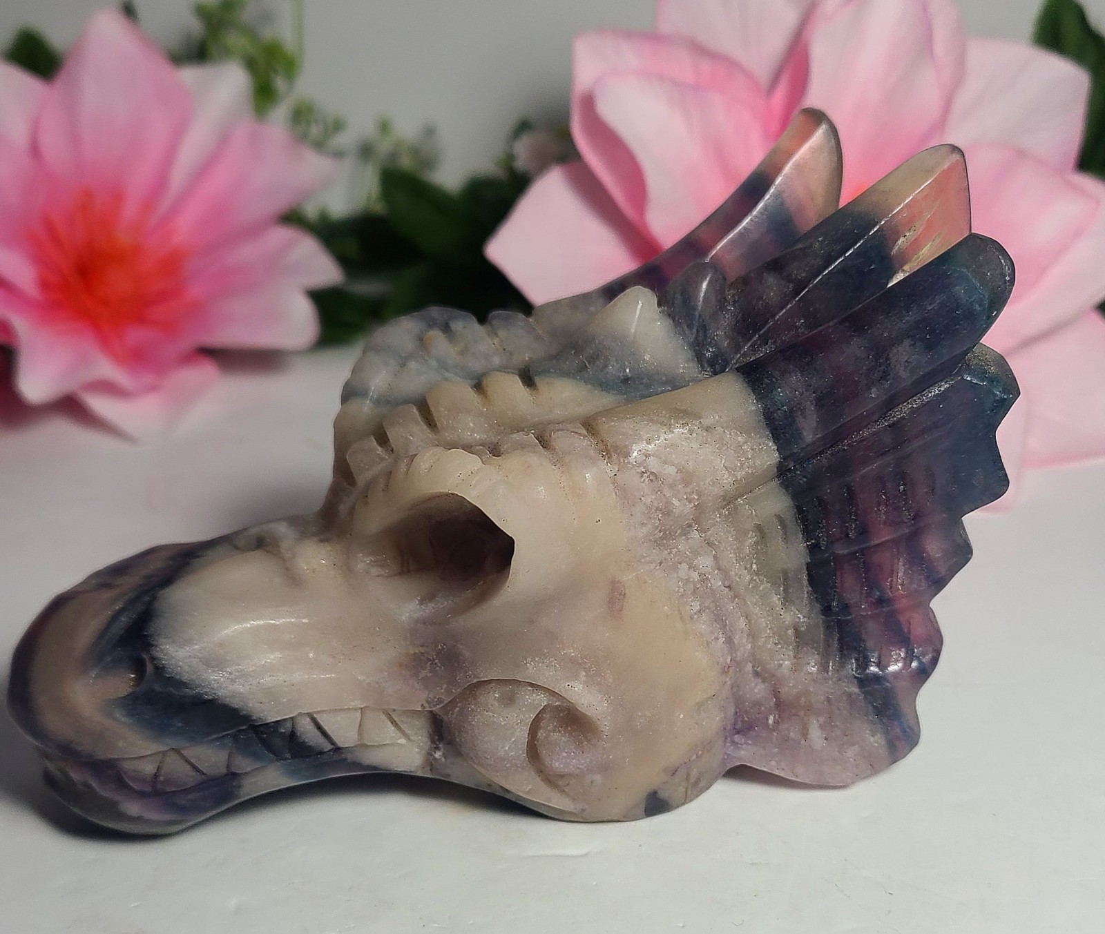 Large 5″ 303g Silky Fluorite Dragon Head Skull Crystal Stone Carving Statue