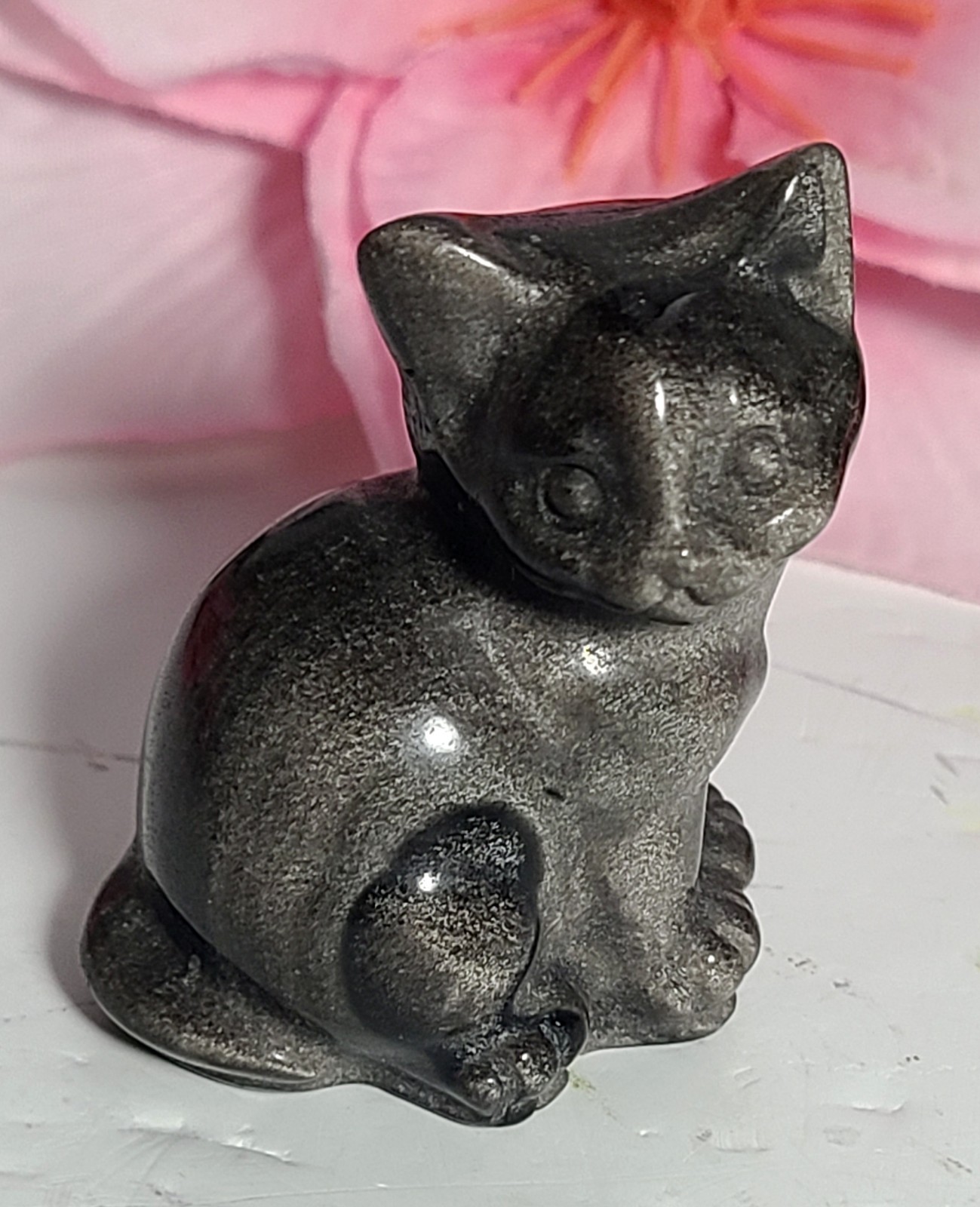 2″ 53g Adorable Silver Sheen Obsidian Sitting Cat Crystal Stone Carving Statue