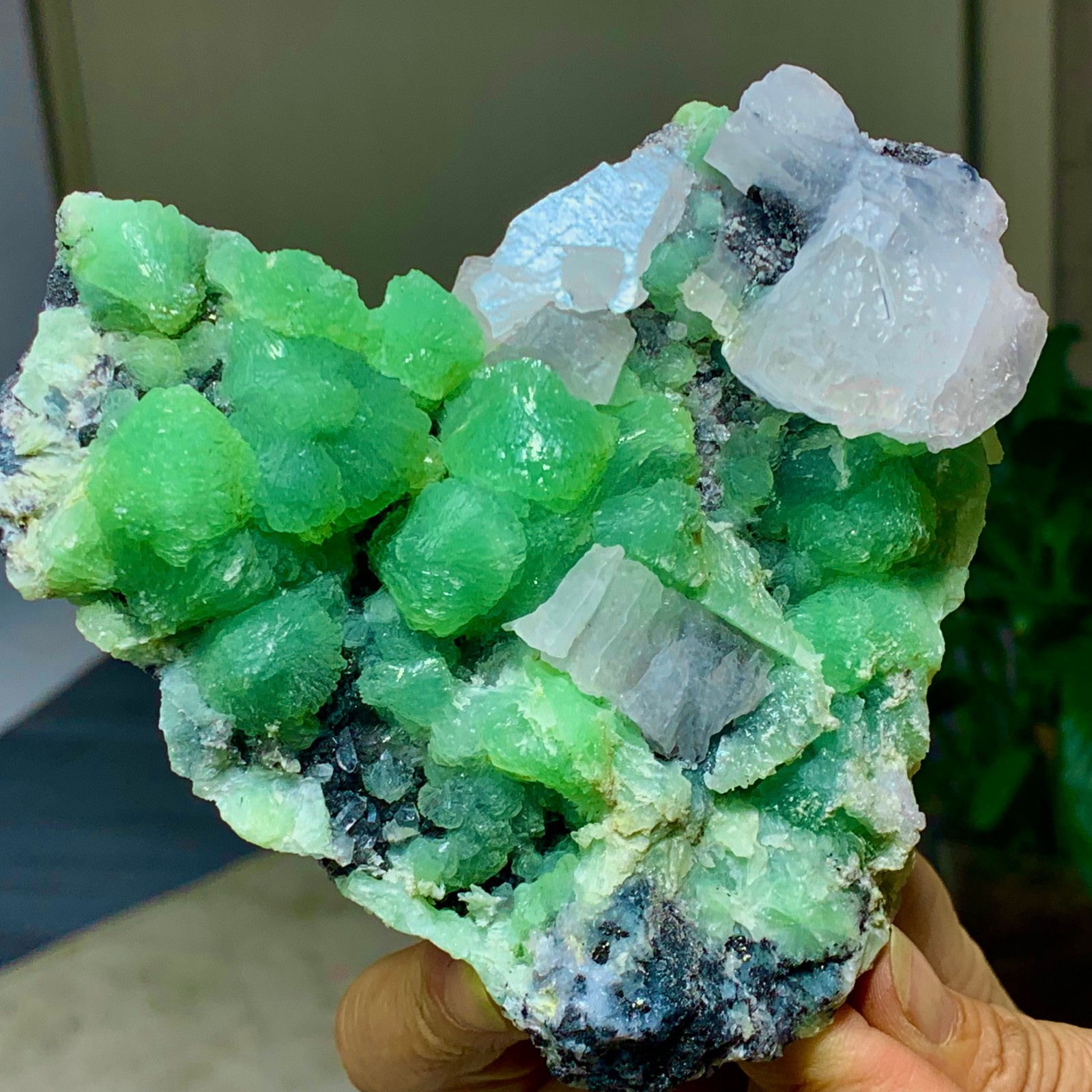 462G Natural beautiful spherical prehnite with calcite quartz crystal mineral