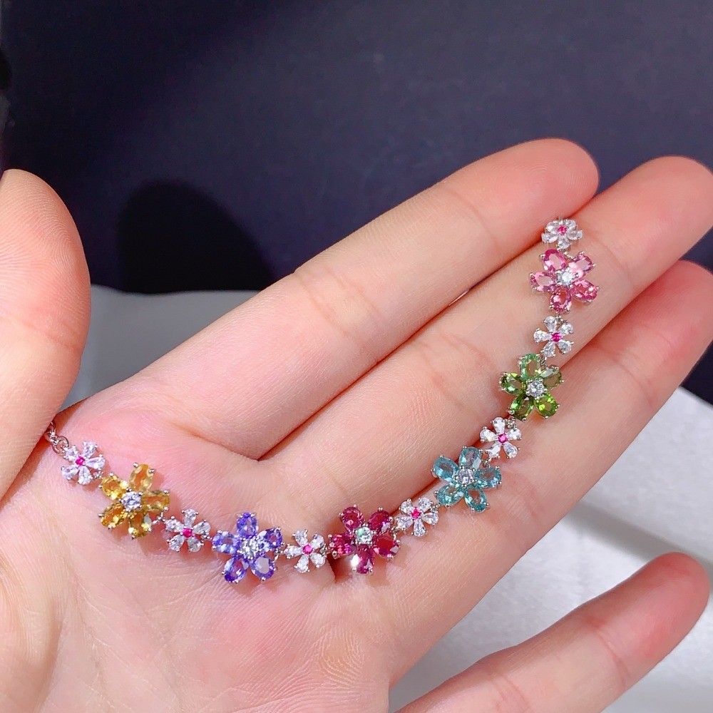 Natural Tourmaline & Tanzanite bracelet Gemstone S925 Silver Plated 18K Gold