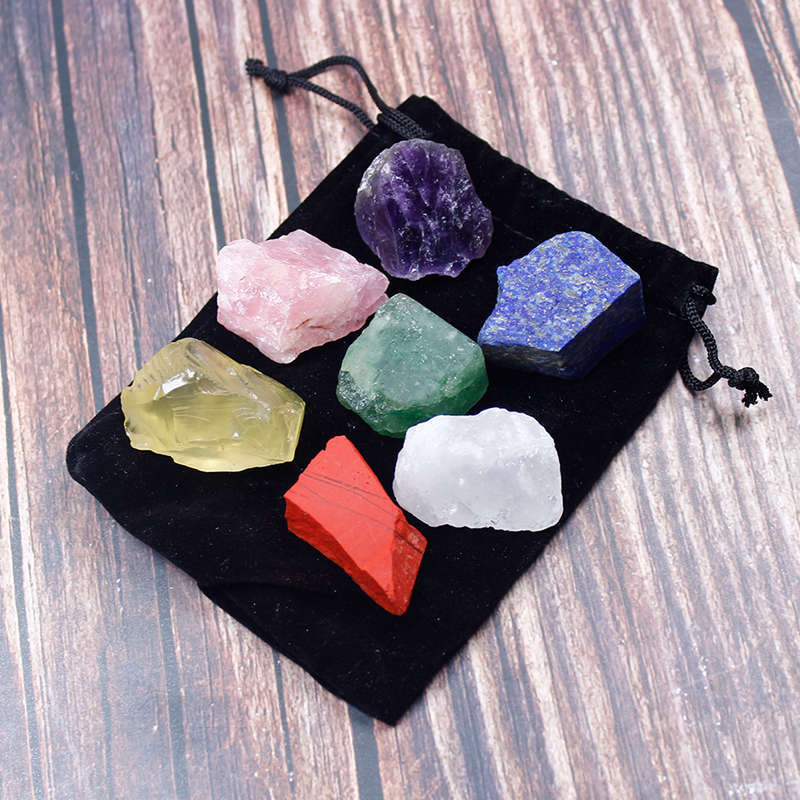 Natural 7 Chakra Quartz Crystal Raw Rough Metaphysical Energy Stone Set W/ Bag