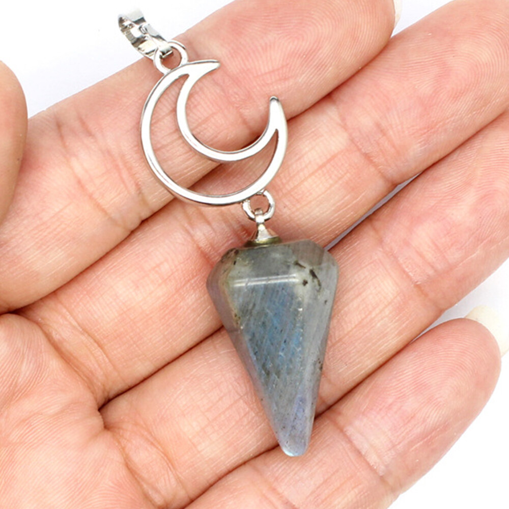 Natural Crystal Moon Hexagonal Pyramid Necklace Pendant Chakra Pendulum Reiki