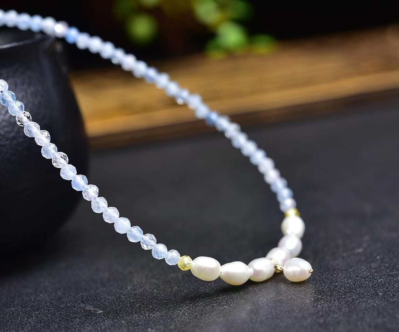 Aquamarine Pearl Necklace Tiny 2.5mm Beaded Healing Delicate Women Crystal