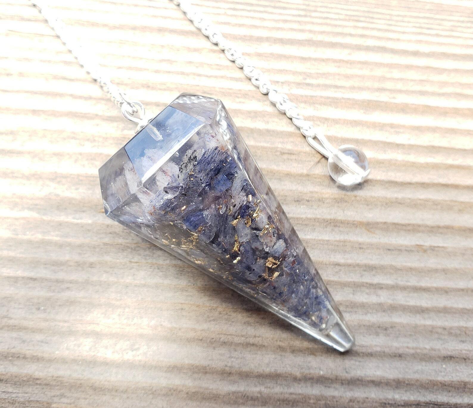 ORGONE IOLITE GEMSTONE FACETED ORGONITE PENDULUM