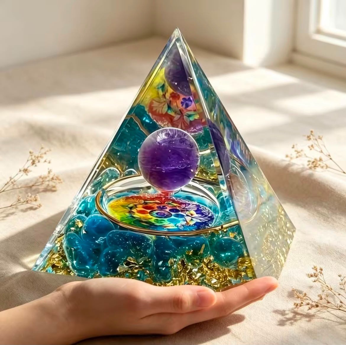 7 Chakra Amethyst Orgonite Pyramid Spiritual Balance Yoga Meditation Decoration