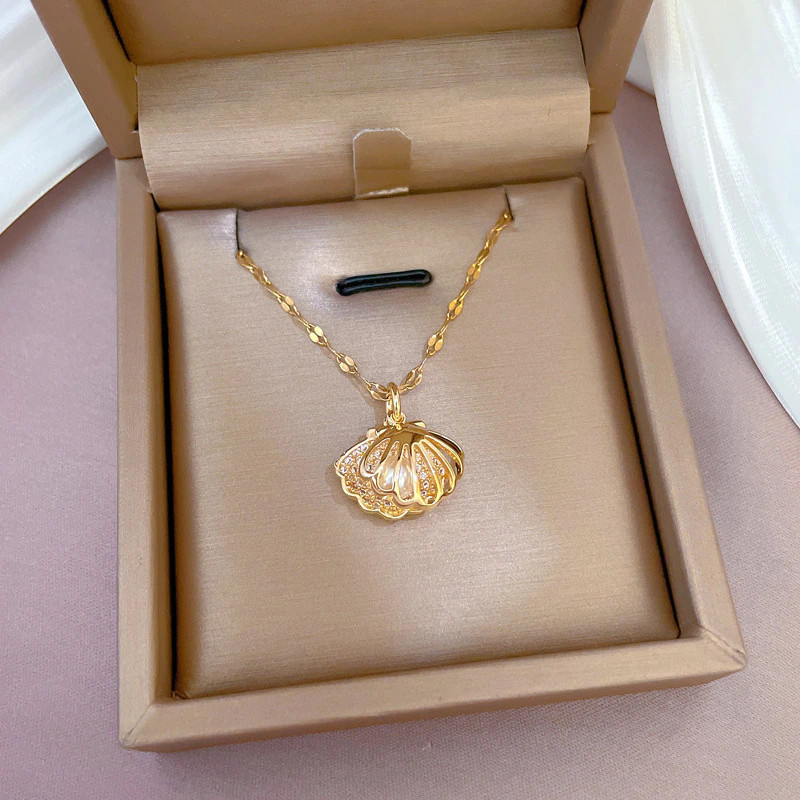 Women’s Fashion Jewelry Gold Cubic Zircon Sea Shell Pearl Pendant Necklace 1PC