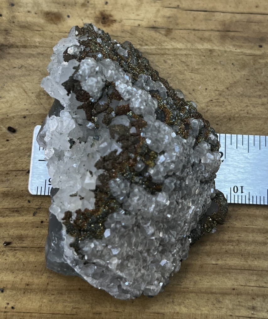 Mixed Calcite & Chalcopyrite on Green Fluorite Druzy Mineral Specimen 3.5 oz