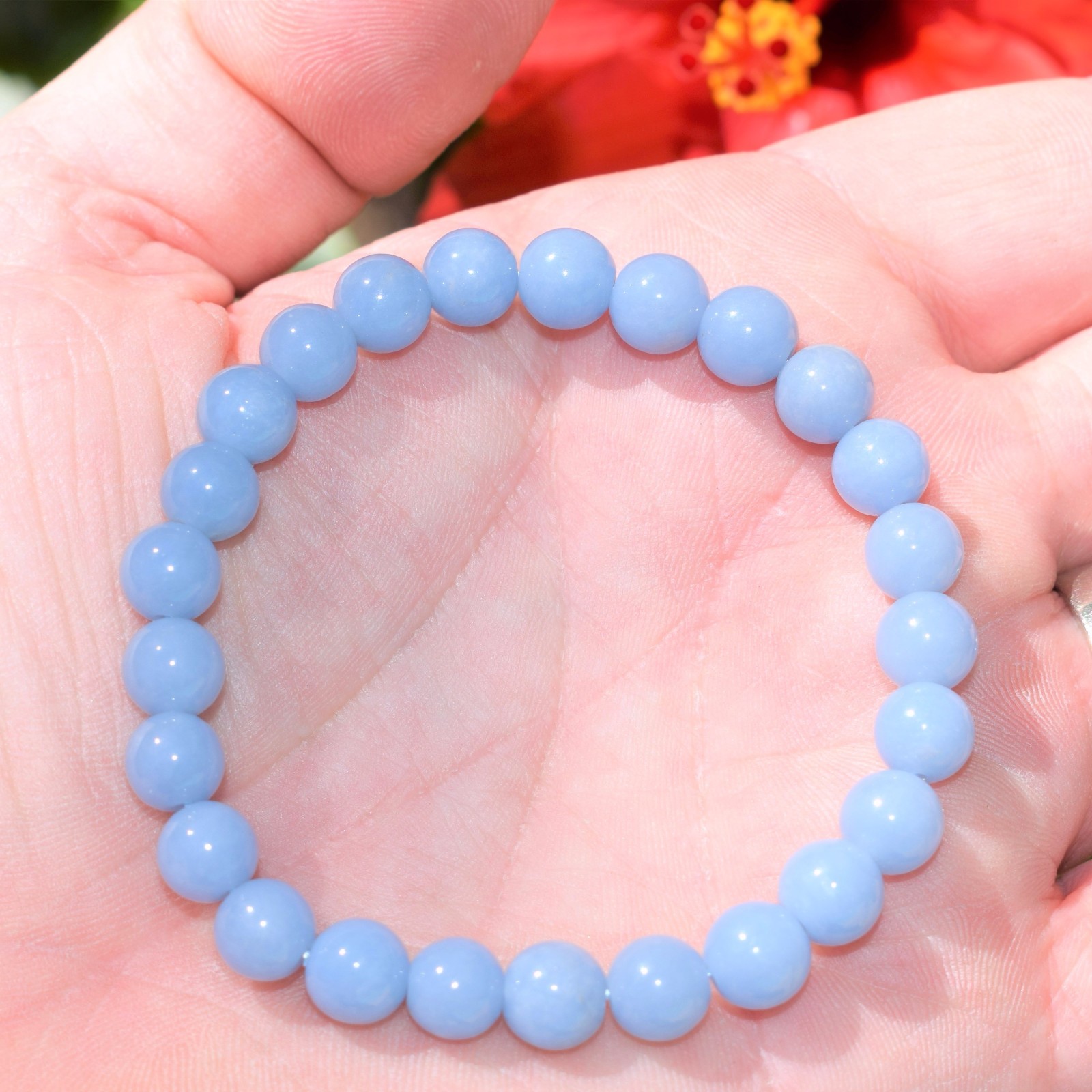 CHARGED Angelite Crystal 8mm Bead Stretchy Bracelet + Selenite Puffy Heart
