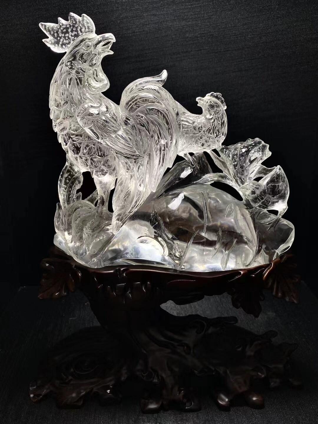 6.88LB Top Natural Clear Crystal Quartz Rooster Carved Crystal Decor + Stand