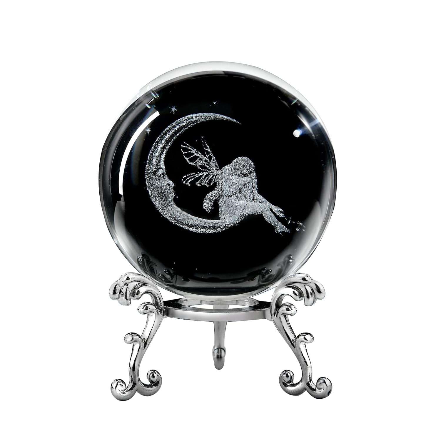 3D Fairy Crystal Ball with Stand Moon Figurine Glass Sphere Night Light Decor
