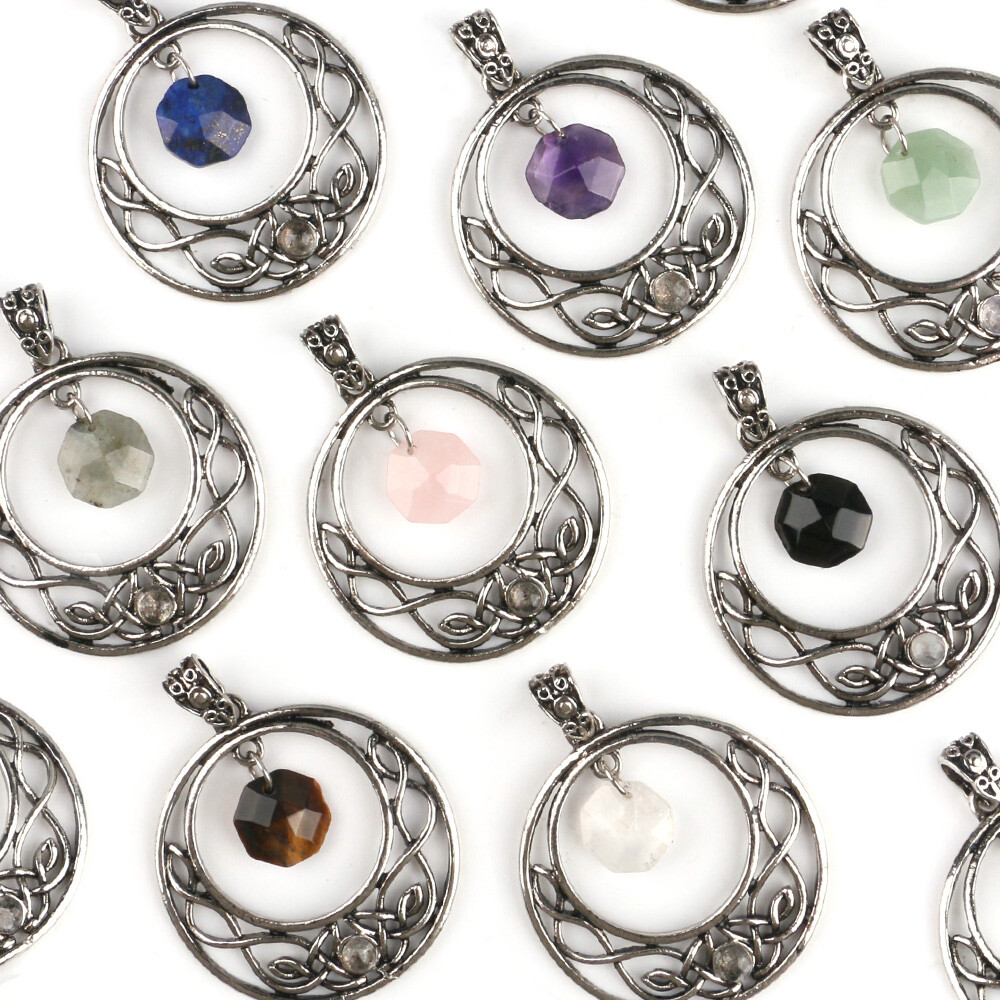 Natural Faceted Crystal Hexagonal Pendant Round Hollow Celtic Knot Beads Chakra