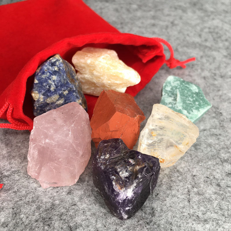 7 Stones Chakra Set Seven Medium Rough Natural Raw Crystal Kit & Pouch