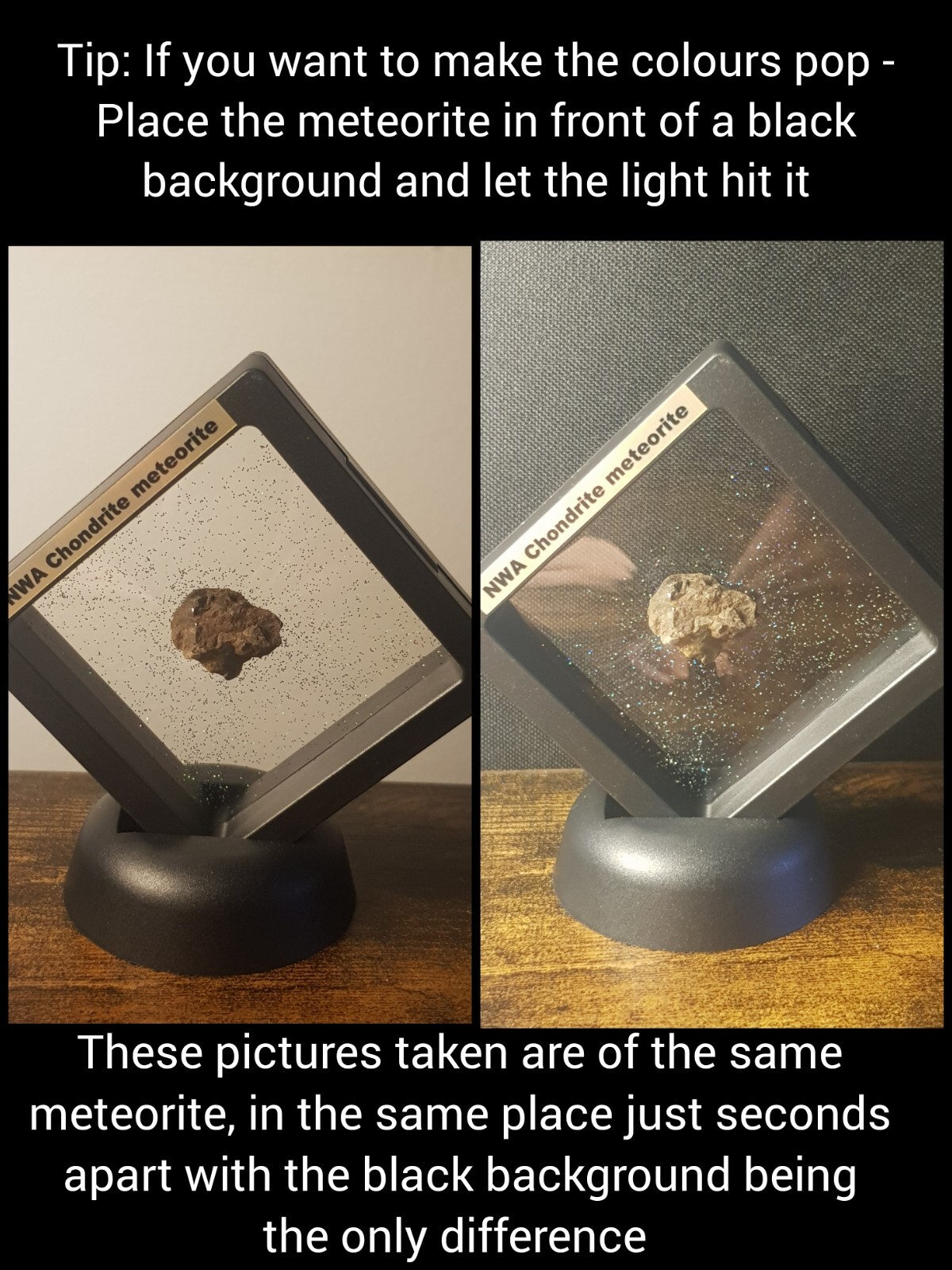 Genuine meteorite space rock in black display box art gift collectible with COA 