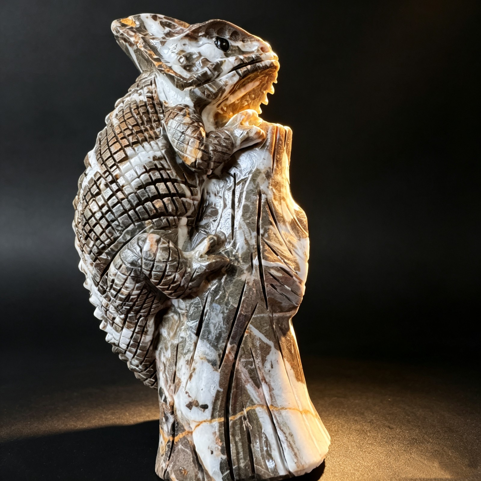 Hand Carved Natural Chocolate Stone Chameleon Figurine, Collectible Desk Decor