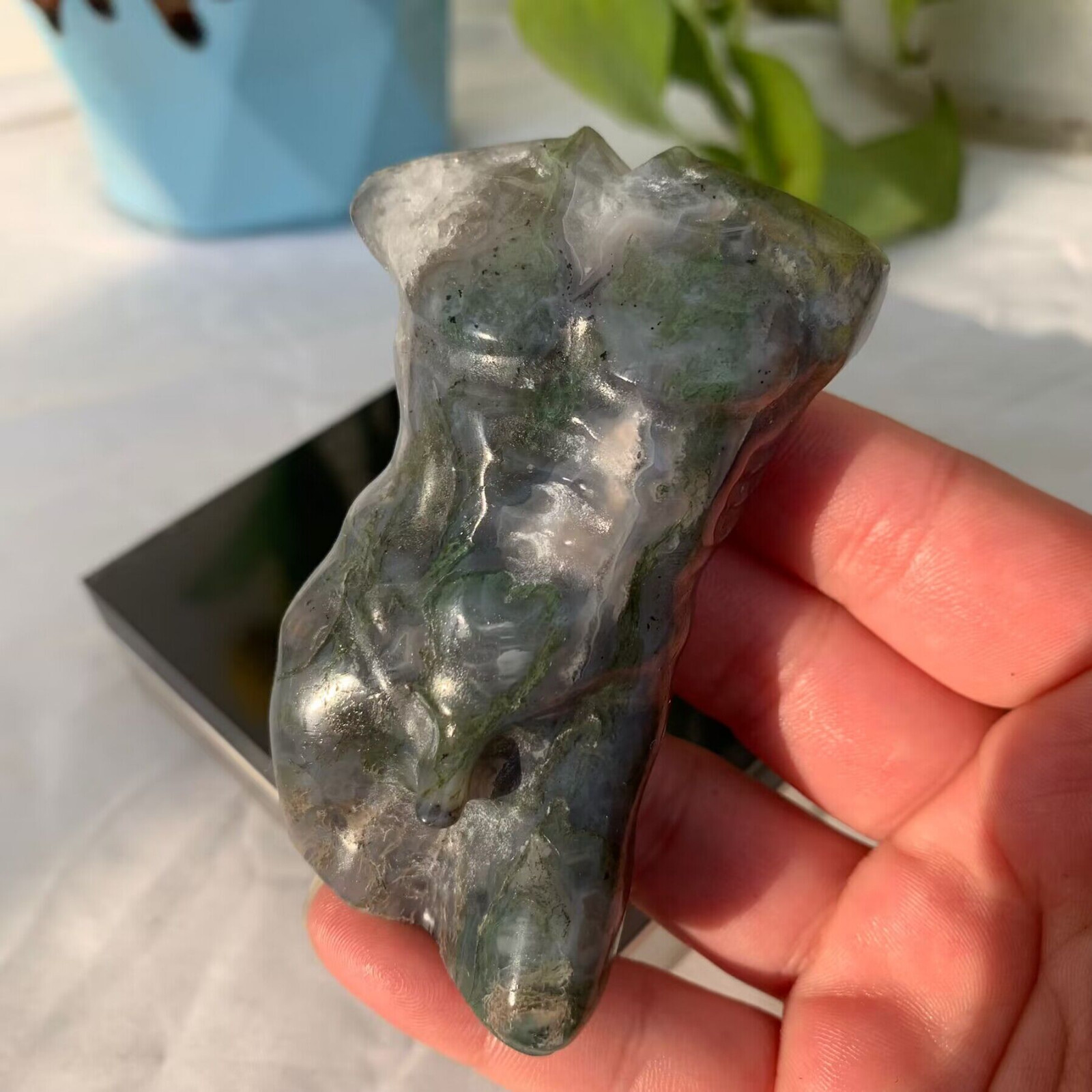 138g Moss Agate Stone Male Body Model Carving Quartz Crystal Specimen Gift