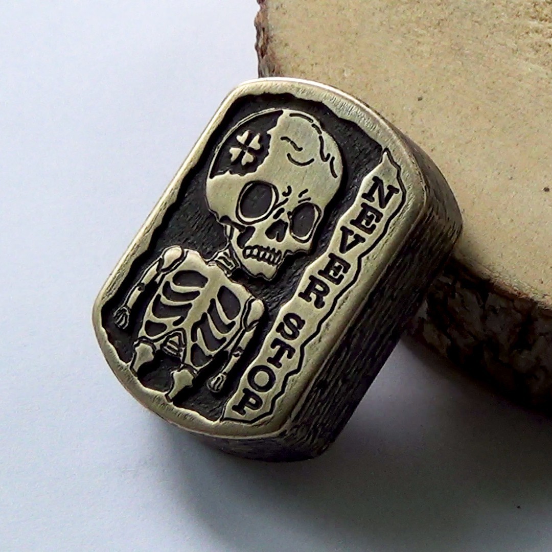 Brass Skeleton Motivational Coin Never Stop – Worry Stone Pocket Token Fidget To