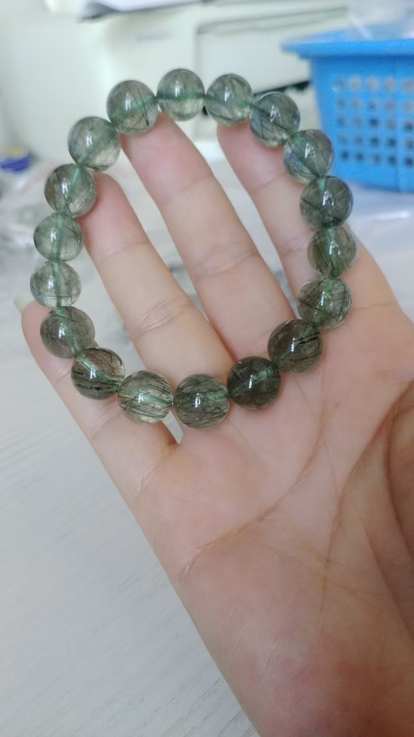 Natural rare Green Rutilated Quartz round Bracelet Adult Collectibles