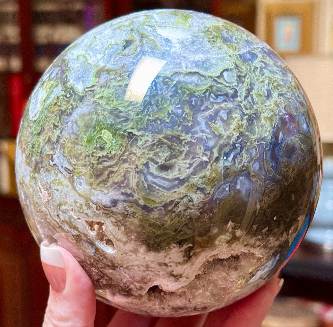 XLarge Moss Agate Sphere 4.5 lb 4” Crystal Ball Druzy Quartz Natural Green