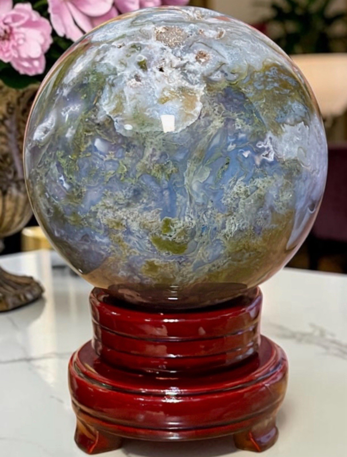 XLarge Moss Agate Sphere 4.5 lb 4” Crystal Ball Druzy Quartz Natural Green