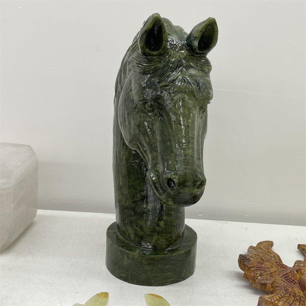 22.9LB 13.1″Large Natural Xiuyan Jade Horse Head Crystal Quartz Carve Reiki Gift