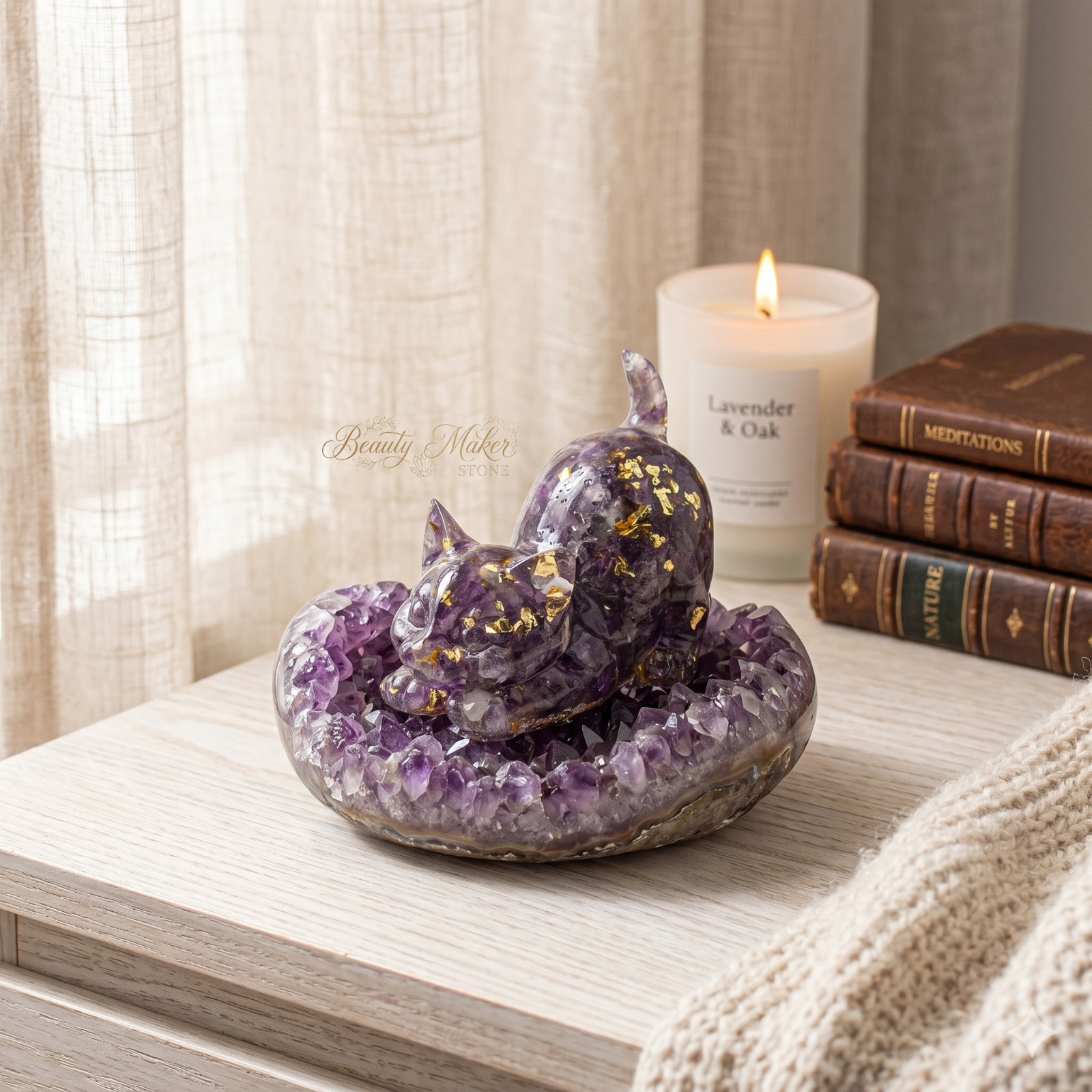 Natural Amethyst Crystal Cat Figurine Lucky Kitten Statue Home Office Decor Gift