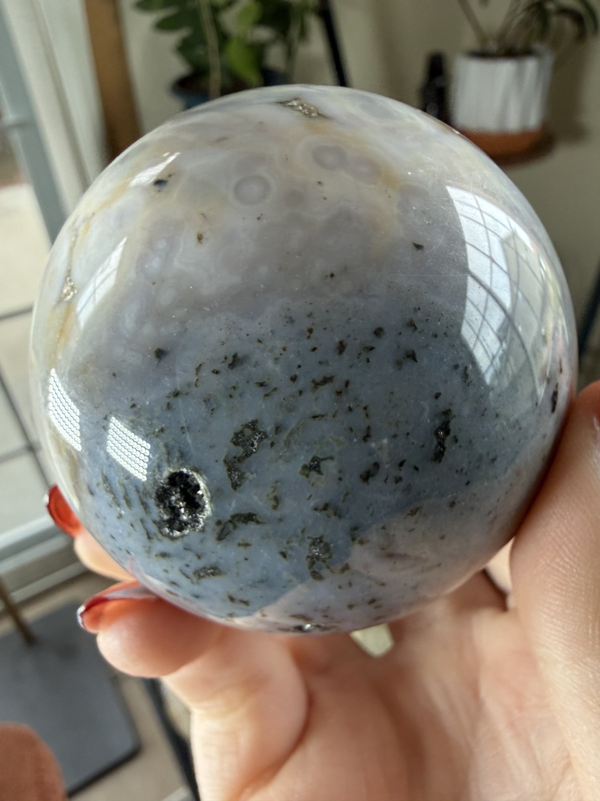 8th Vein Ocean Jasper Sphere – Blue, White, Brown & Green Orbs – 11.43 oz