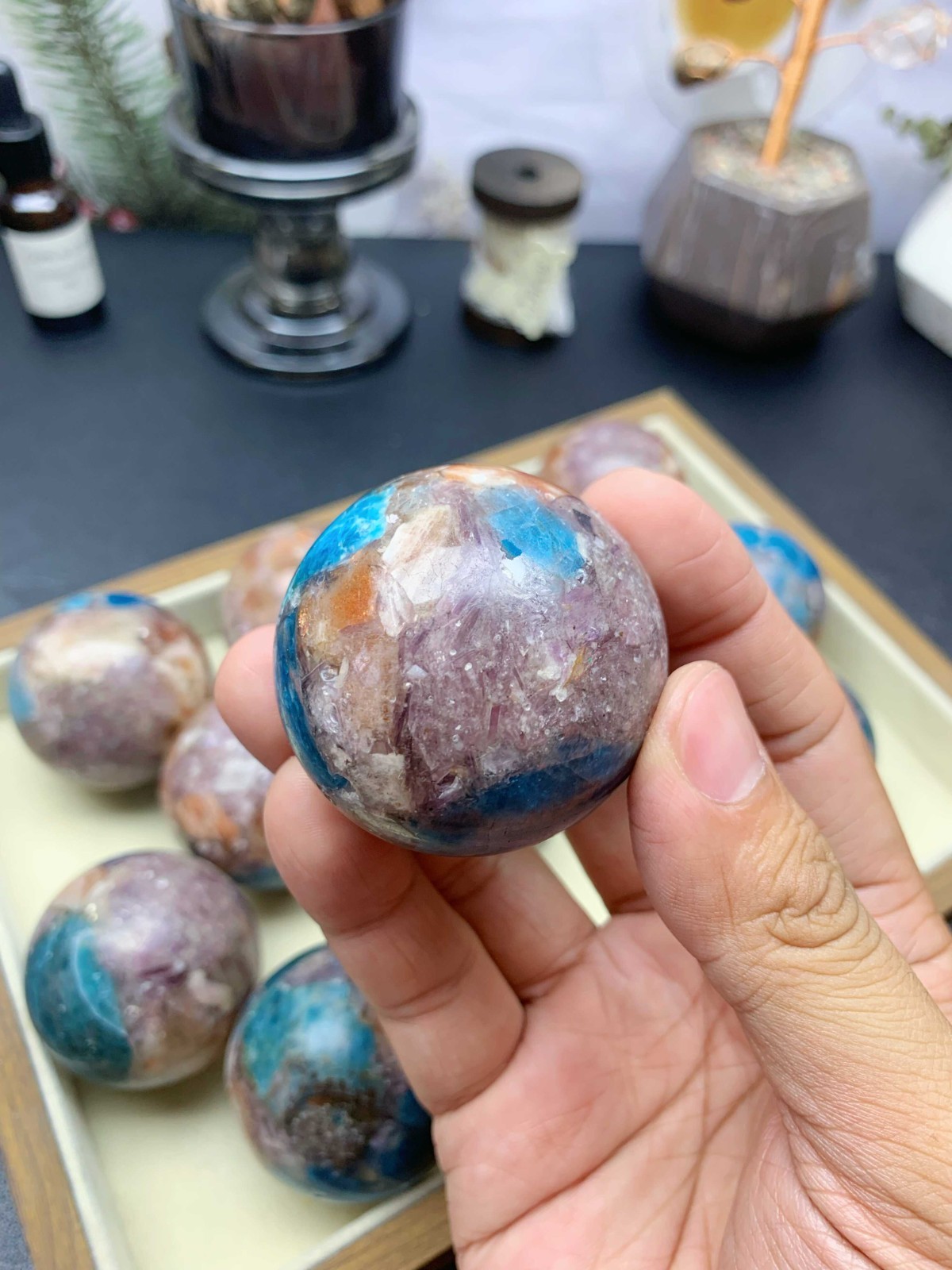 5cm Crystal Ball, Blue Apatite Sunstone Purple Mica Resin Composite Wooden Stand