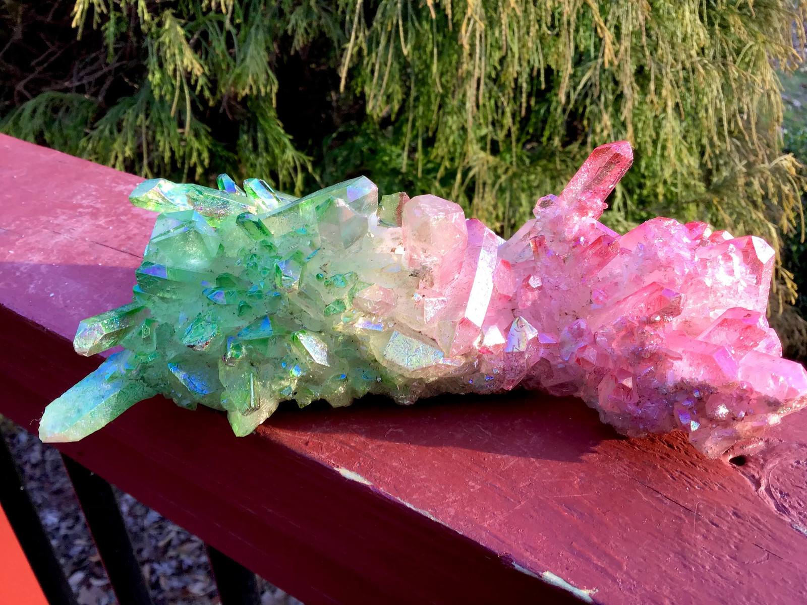 Pink & Green Aura Quartz Crystal Cluster ~ Large 1 Lb. 4 oz. ~ 7″ Long ~ Electr