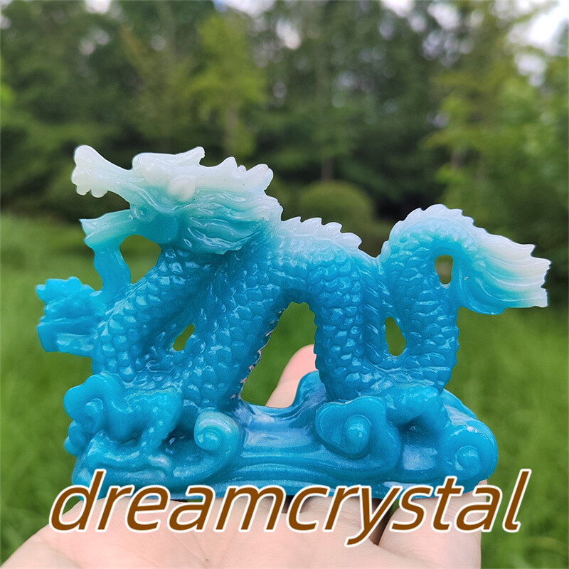 4″ Blue Luminous Stone Sculpture Chinese Dragon Resin Sculpture Skull Gift 1pc