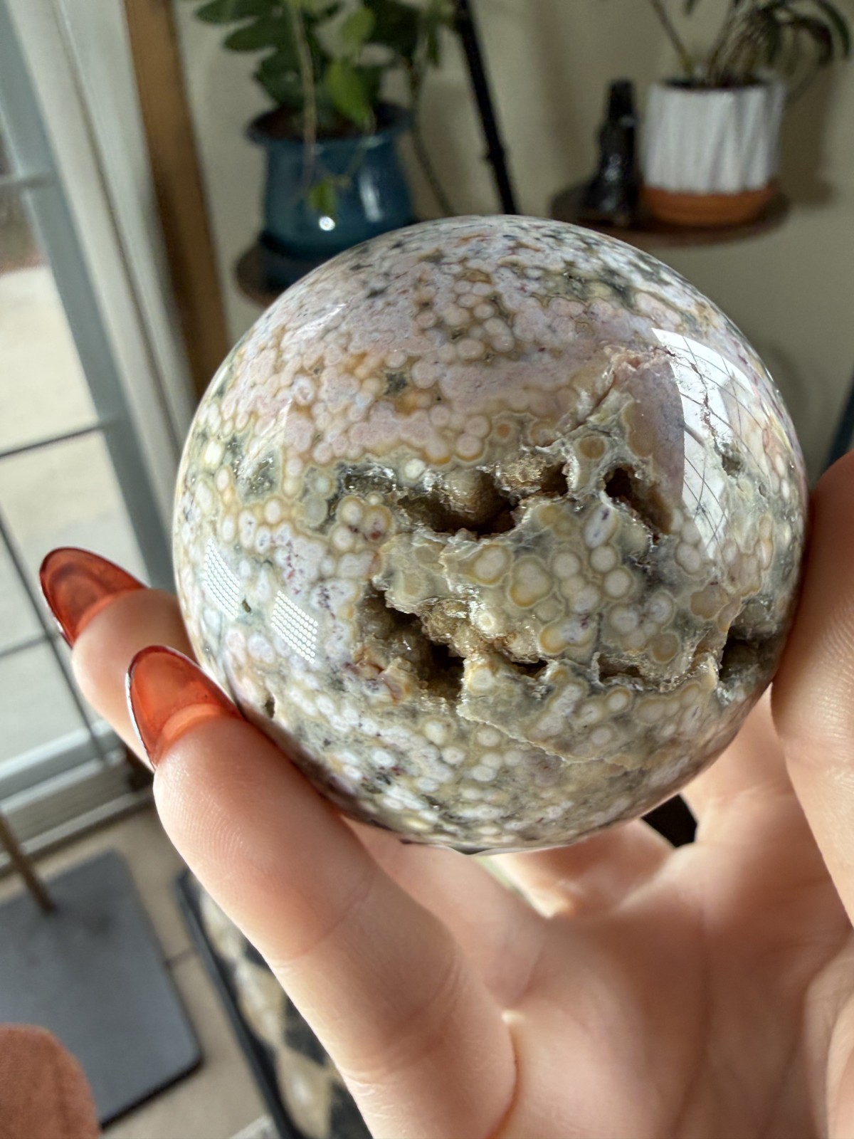 8th Vein Ocean Jasper Sphere – Druzy – Pink, White, Blue & Green Orbs – 9.91 oz