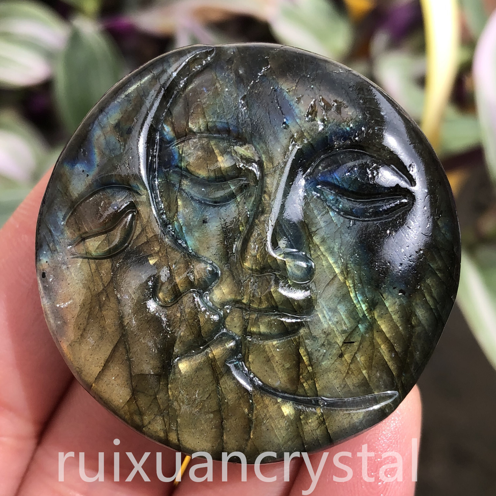 1pc Natural Labradorite Quartz Hand- Carved Sun Moon skull Crystal Reiki healing