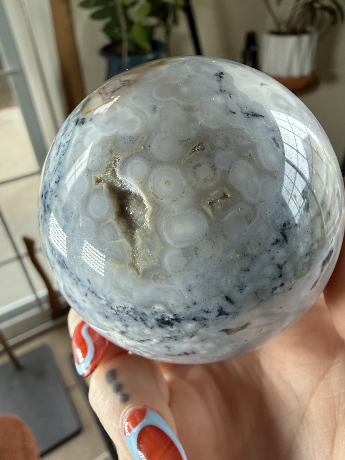 8th Vein Ocean Jasper Sphere – Blue, White, Brown & Green Orbs – 11.43 oz