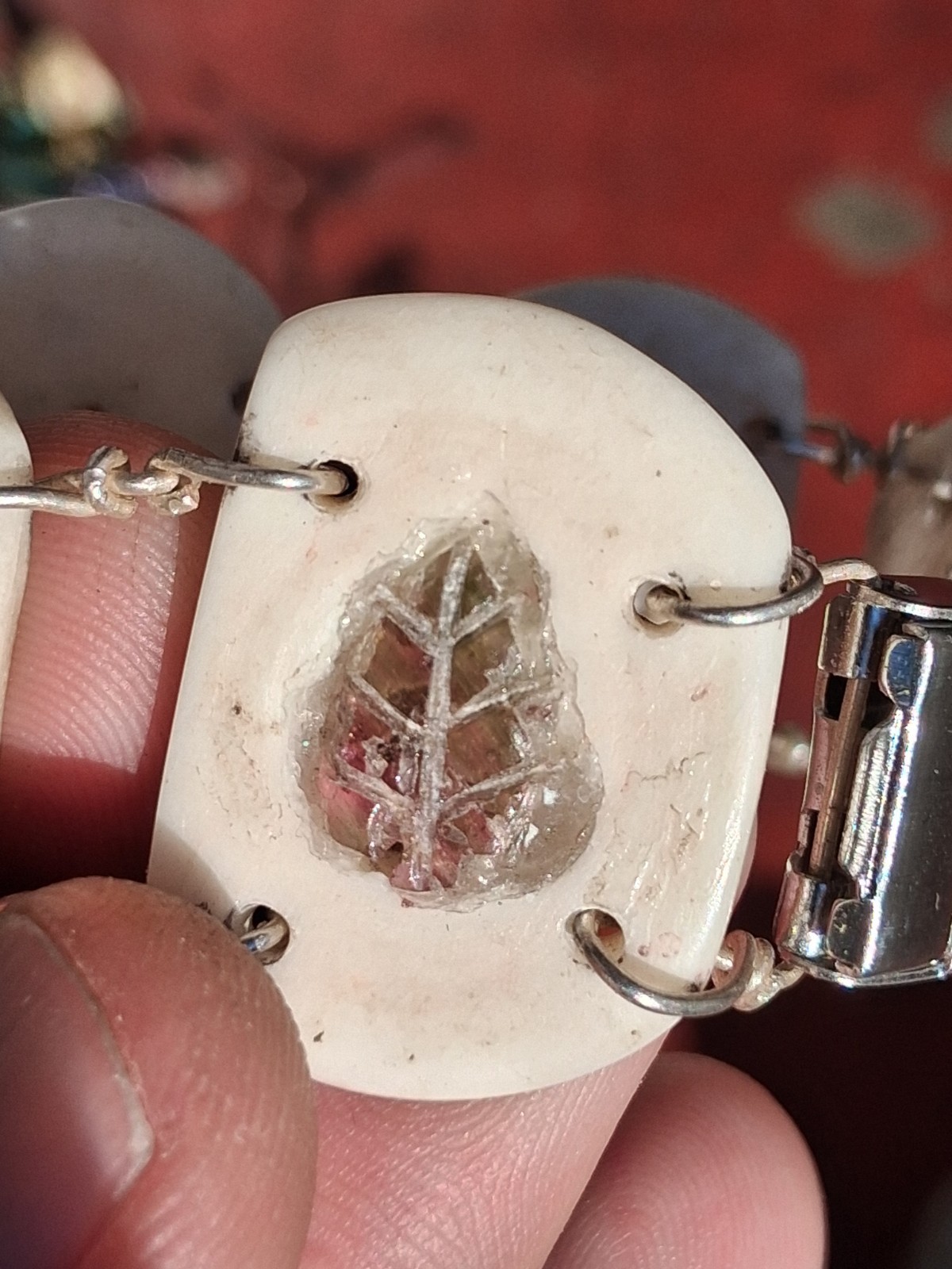6 Inch Leaf Carved Watermelon Tourmaline In Water Buffalo Bone Bracelet
