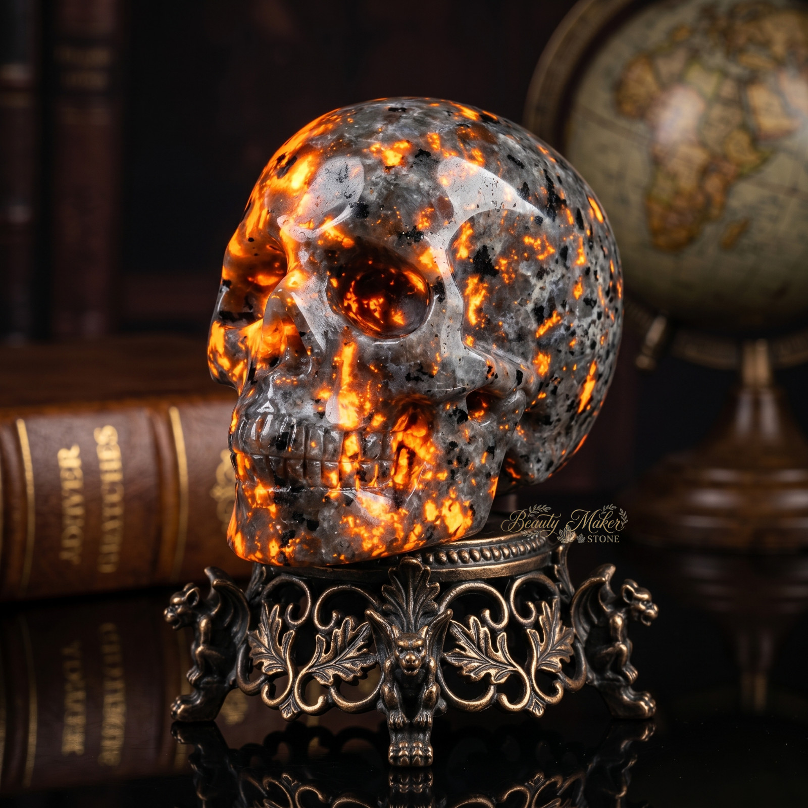 Yooperlite Skull Head Carving Flame Stone UV Reactive Crystal Decor Figurine 2″