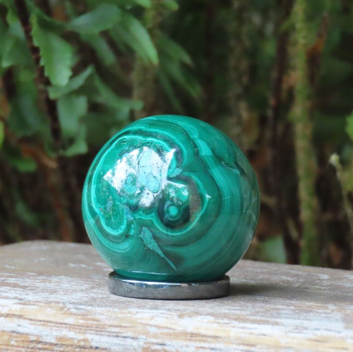 A Grade Polished Rare Malachite Green Crystal Mineral Sphere With Ring 76 Grams